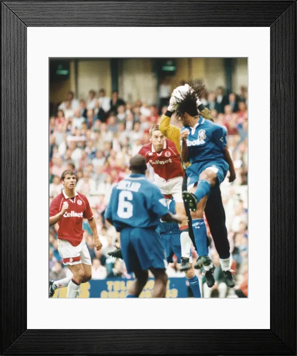Framed Print : Middlesbrough Jan Fjortoft in an ariel battle in the Chelsea goal mouth Framed Print : Middlesbrough Jan Fjortoft in an ariel battle in the Chelsea goal mouth