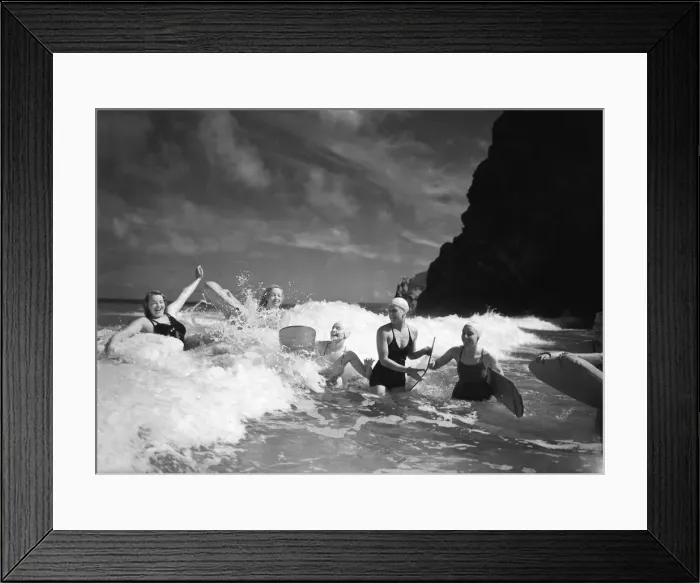 Framed Print : The Summer of 1934. Friends enjoying body surfing on a north Cornish beach Circa Framed Print : The Summer of 1934. Friends enjoying body surfing on a north Cornish beach Circa