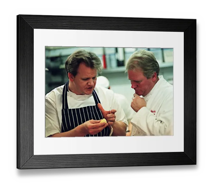 Framed Print : Gordon Ramsay Chef February 1999 with Daily Record reporter Bob Shields in kitchen