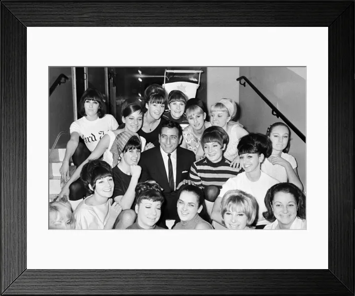 Framed Print : Singer Tony Bennett surrounded by chorus girls. 7th November 1965 Framed Print : Singer Tony Bennett surrounded by chorus girls. 7th November 1965