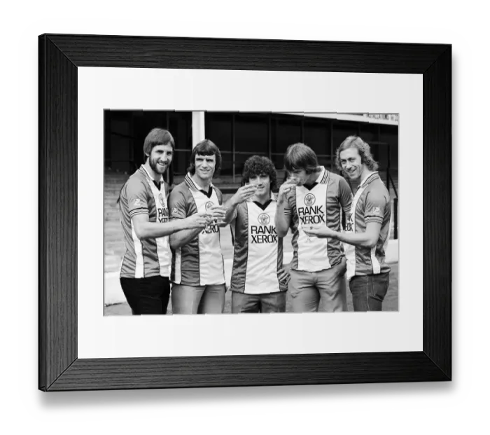 Framed Print : A champagne toast for Southampton FC players wearing their new Rank Xerox sponsored Framed Print : A champagne toast for Southampton FC players wearing their new Rank Xerox sponsored