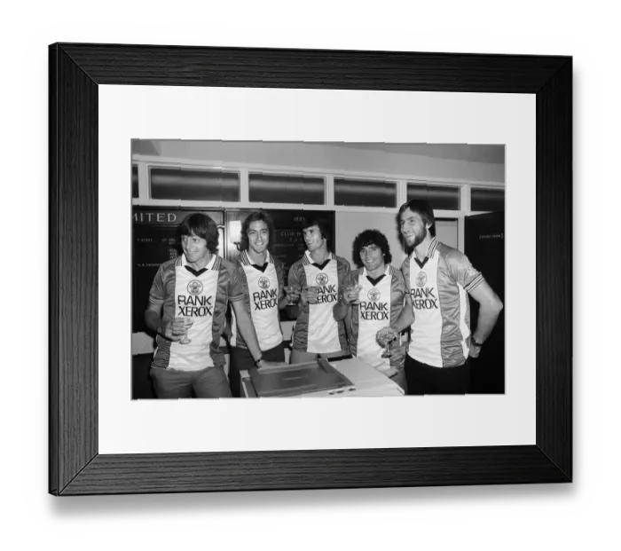 Framed Print : A champagne toast for Southampton FC players wearing their new Rank Xerox sponsored Framed Print : A champagne toast for Southampton FC players wearing their new Rank Xerox sponsored