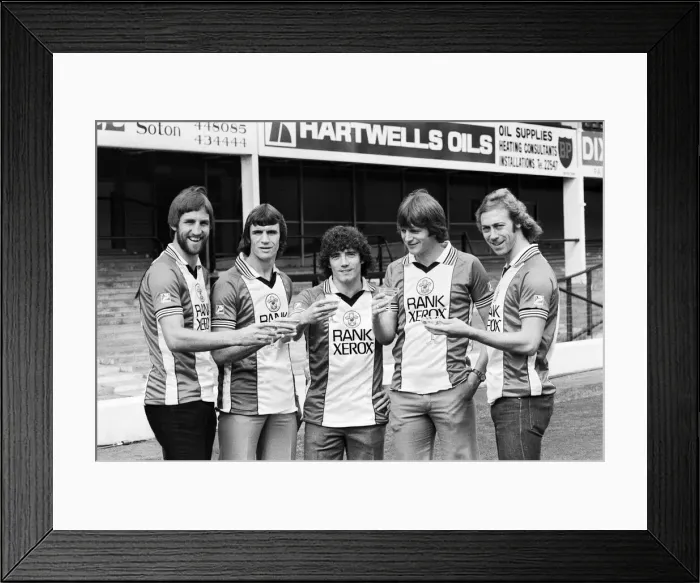 Framed Print : A champagne toast for Southampton FC players wearing their new Rank Xerox sponsored Framed Print : A champagne toast for Southampton FC players wearing their new Rank Xerox sponsored