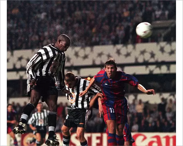 Faustino Asprilla Newcastle United September 1997 scores with a header during
