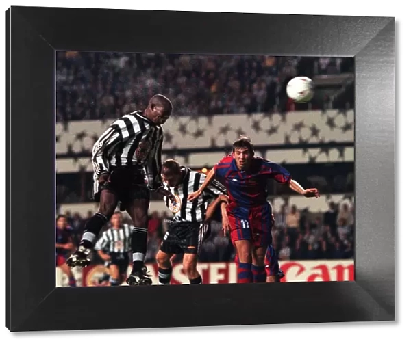 Faustino Asprilla Newcastle United September 1997 scores with a header during
