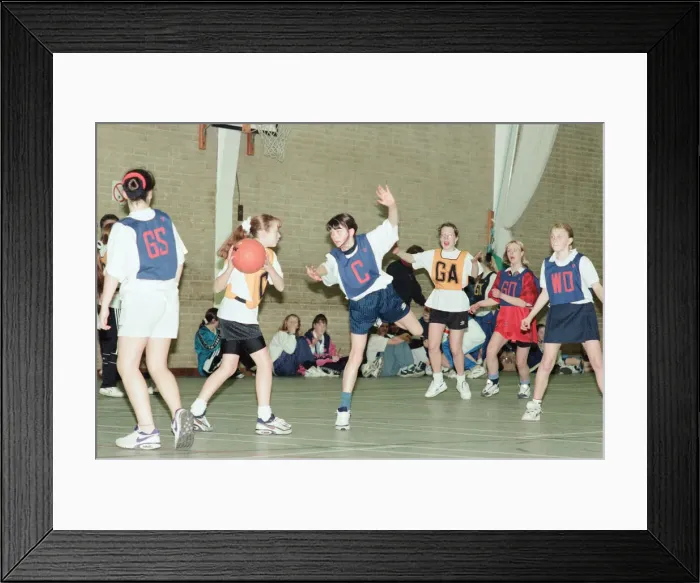 Framed Print : Teesside Junior Netball league at Brackenhoe School, Middlesbrough, 11th March 1997
