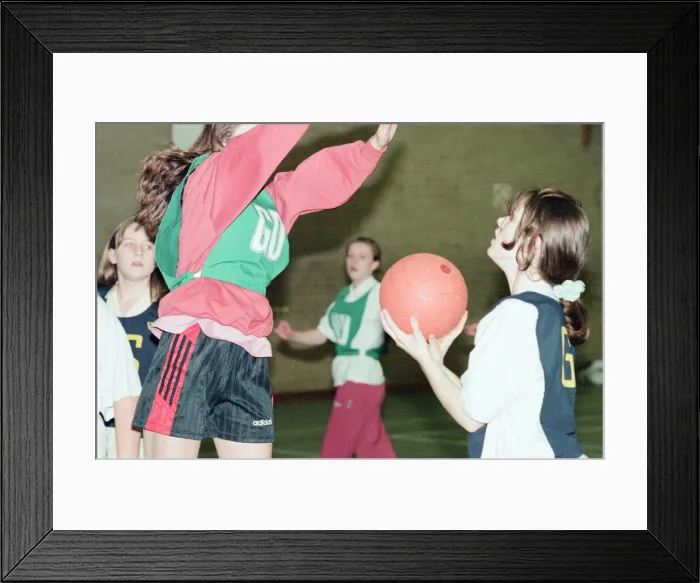 Framed Print : Teesside Junior Netball league at Brackenhoe School, Middlesbrough, 11th March 1997