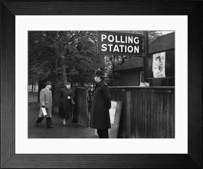 Framed Print : To register their votes - Early arrivals at the polling booth in Pickering-Road, Hull Framed Print : To register their votes - Early arrivals at the polling booth in Pickering-Road, Hull