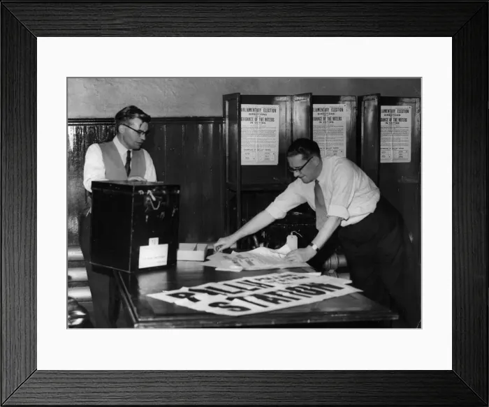 Framed Print : Courtroom into polling station - Mr V. N. Bowen (left) and Mr H Framed Print : Courtroom into polling station - Mr V. N. Bowen (left) and Mr H