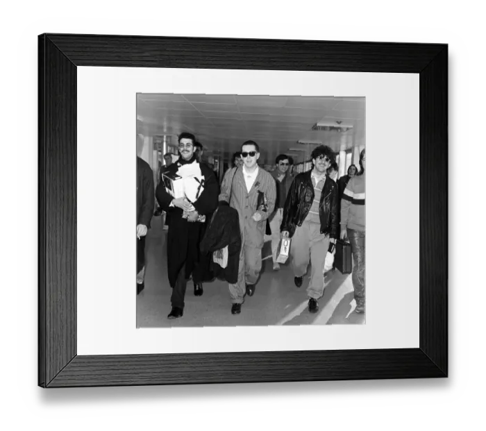 Framed Print : Arrival of pop group Frankie Goes to Hollywood at London Airport from Los Angeles