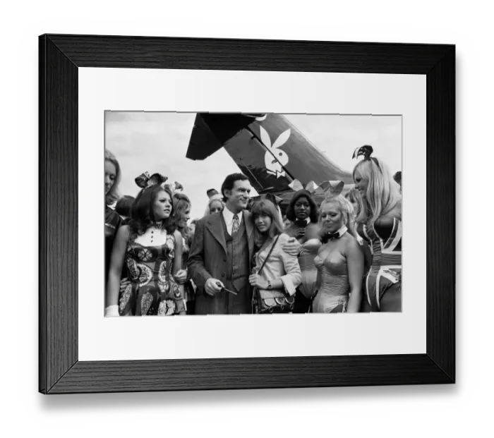 Framed Print : Playboy Editor and Publisher Hugh Hefner arrives at Heathrow Airport in his private Framed Print : Playboy Editor and Publisher Hugh Hefner arrives at Heathrow Airport in his private