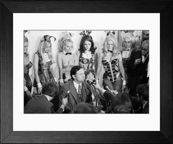 Framed Print : Playboy Editor and Publisher Hugh Hefner arrives at Heathrow Airport in his private Framed Print : Playboy Editor and Publisher Hugh Hefner arrives at Heathrow Airport in his private