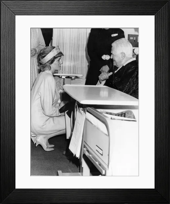 Framed Print : HRH Princess Diana, The Princess of Wales, comes down to the same level as Mr Douglas