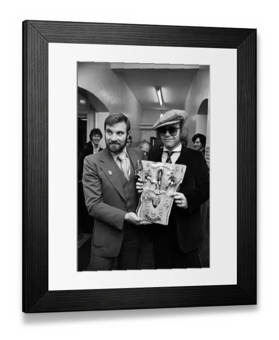 Framed Print : Musician and Watford FC chairman Elton John is presented with a special Jubilee plaque Framed Print : Musician and Watford FC chairman Elton John is presented with a special Jubilee plaque