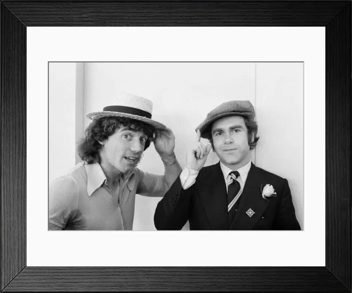 Framed Print : Kevin Keegan in a straw boater hat and Elton John in his own hat Framed Print : Kevin Keegan in a straw boater hat and Elton John in his own hat