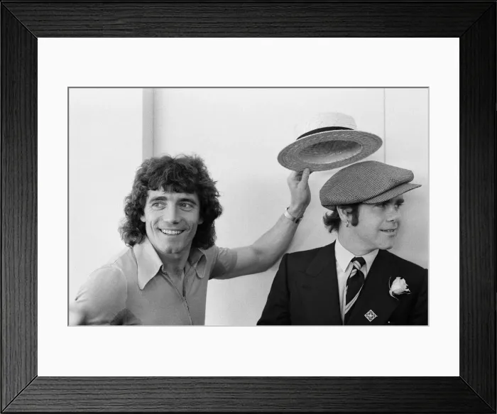 Framed Print : Kevin Keegan in a straw boater hat and Elton John in his own hat Framed Print : Kevin Keegan in a straw boater hat and Elton John in his own hat
