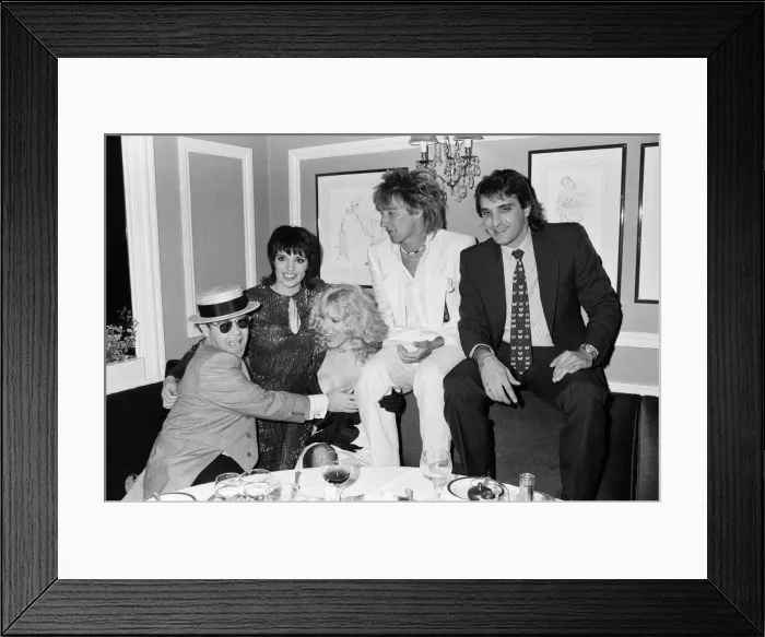 Framed Print : Left to right, Elton John, Liza Minnelli, Alana Stewart, Rod Stewart Framed Print : Left to right, Elton John, Liza Minnelli, Alana Stewart, Rod Stewart