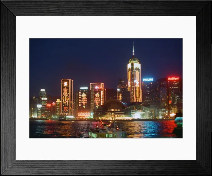 Framed Print : General view of the illuminated skyline at night time in Hong Kong