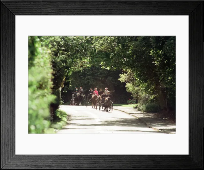 Framed Print : Judges in horse-drawn carriages view the village of Hartlebury, Worcestershire Framed Print : Judges in horse-drawn carriages view the village of Hartlebury, Worcestershire