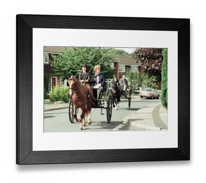 Framed Print : Judges in horse-drawn carriages view the village of Hartlebury, Worcestershire Framed Print : Judges in horse-drawn carriages view the village of Hartlebury, Worcestershire