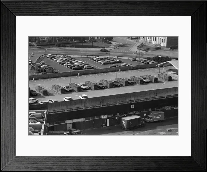 Framed Print : City Arcade rooftop car park and market roof, Coventry. 30th August 1985 Framed Print : City Arcade rooftop car park and market roof, Coventry. 30th August 1985