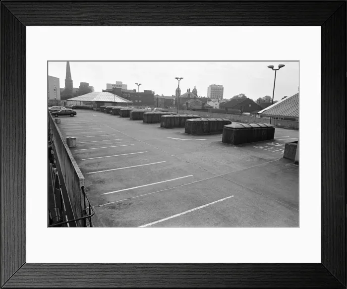 Framed Print : City Arcade rooftop car park and market roof, Coventry. 30th August 1985 Framed Print : City Arcade rooftop car park and market roof, Coventry. 30th August 1985
