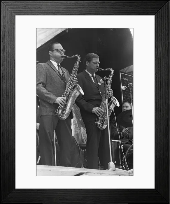 Framed Print : Al Cohn (left) and Zoot Sims performing on stage at the 1967 National Jazz
