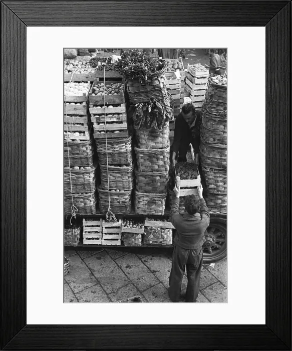 Framed Print : Fresh produce is off loaded at a Milan market. Circa 1955 Framed Print : Fresh produce is off loaded at a Milan market. Circa 1955