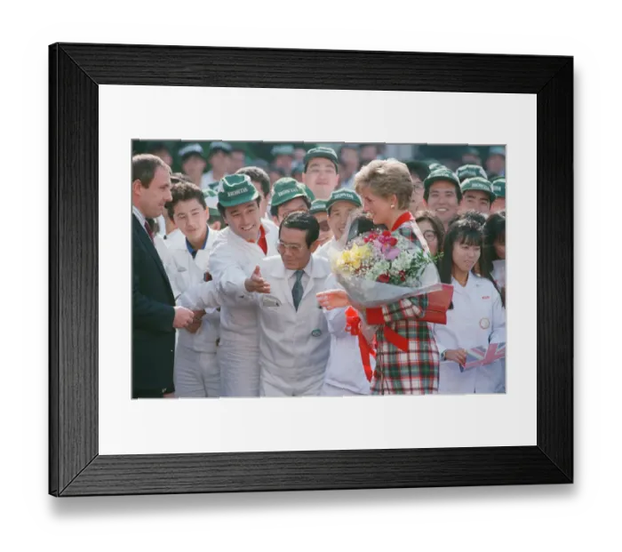 Framed Print : HRH Princess Diana, The Princess of Wales with workers at the Honda factory in Tokyo