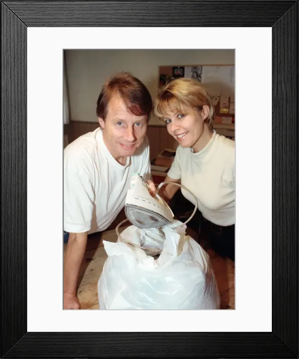 Framed Print : Radio WM presenters Tony Wadsworth and Julie Mayer pictured with an iron Framed Print : Radio WM presenters Tony Wadsworth and Julie Mayer pictured with an iron