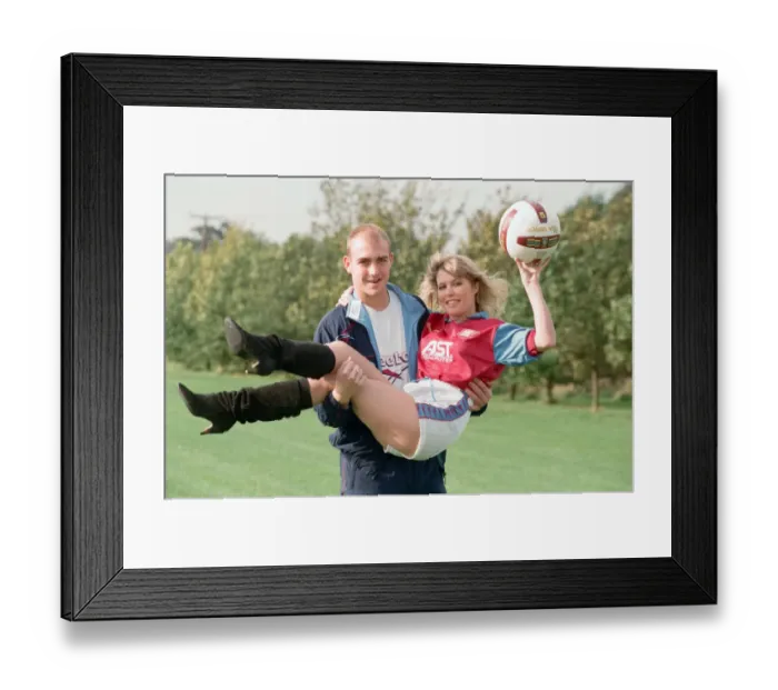 Framed Print : BBC Radio WM presenter Julie Mayer in an Aston Villa kit with Villa midfielder Mark