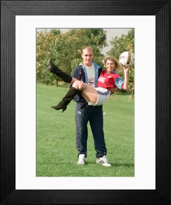 Framed Print : BBC Radio WM presenter Julie Mayer in an Aston Villa kit with Villa midfielder Mark Framed Print : BBC Radio WM presenter Julie Mayer in an Aston Villa kit with Villa midfielder Mark