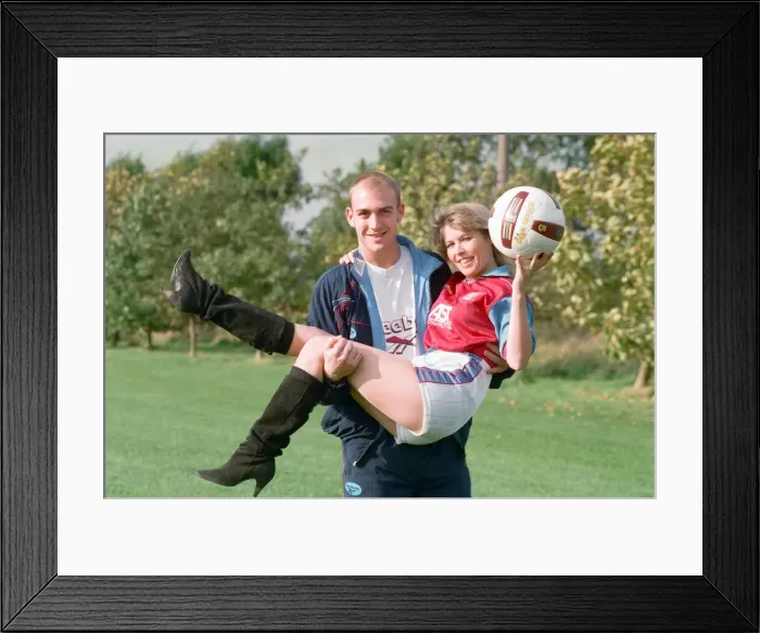 Framed Print : BBC Radio WM presenter Julie Mayer in an Aston Villa kit with Villa midfielder Mark Framed Print : BBC Radio WM presenter Julie Mayer in an Aston Villa kit with Villa midfielder Mark