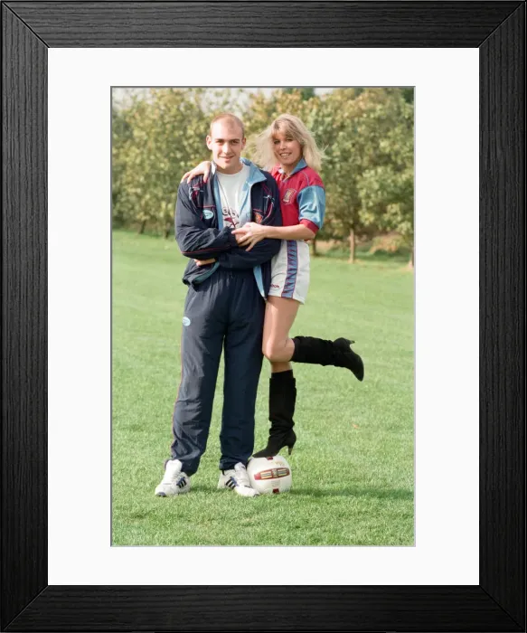 Framed Print : BBC Radio WM presenter Julie Mayer in an Aston Villa kit with Villa midfielder Mark Framed Print : BBC Radio WM presenter Julie Mayer in an Aston Villa kit with Villa midfielder Mark