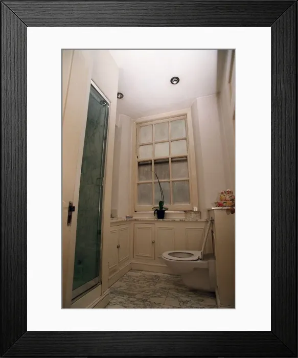 Framed Print : Shower and Toilet Room of Coleherne Court August 1998 old former flat of Princess Framed Print : Shower and Toilet Room of Coleherne Court August 1998 old former flat of Princess