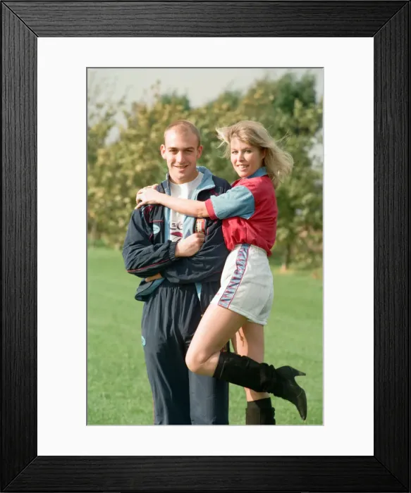 Framed Print : BBC Radio WM presenter Julie Mayer in an Aston Villa kit with Villa midfielder Mark Framed Print : BBC Radio WM presenter Julie Mayer in an Aston Villa kit with Villa midfielder Mark