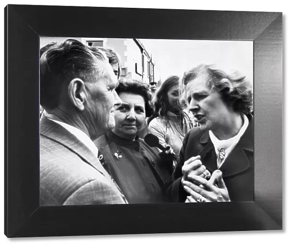Conservative Party leader Margaret Thatcher chats to local people during a visit to