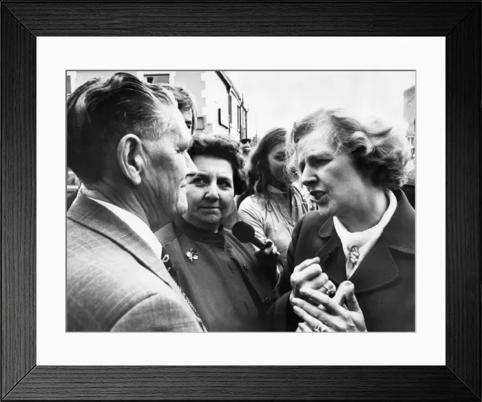 Framed Print : Conservative Party leader Margaret Thatcher chats to local people during a visit to Framed Print : Conservative Party leader Margaret Thatcher chats to local people during a visit to