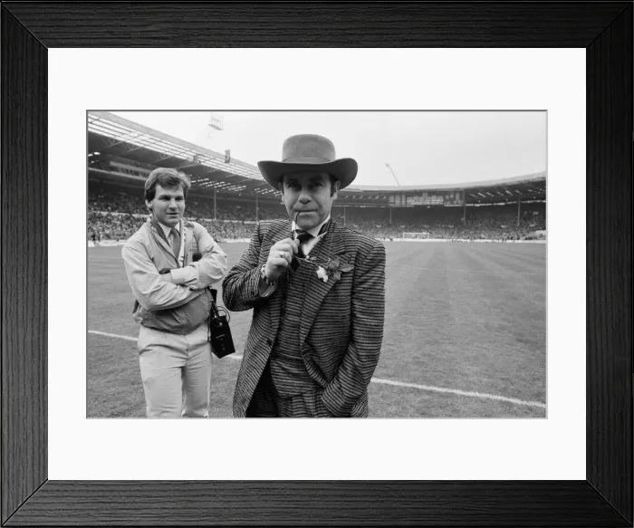 Framed Print : 1984 FA Cup Final at Wembley Stadium. Watford chairman Elton John pictured before kick