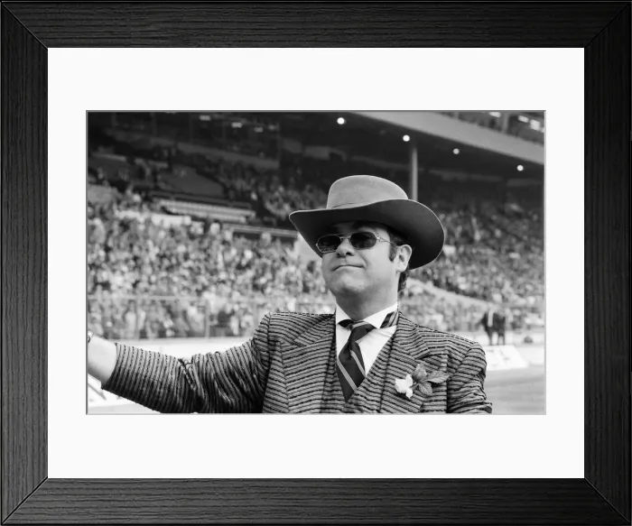 Framed Print : 1984 FA Cup Final at Wembley Stadium. Watford chairman Elton John pictured before kick Framed Print : 1984 FA Cup Final at Wembley Stadium. Watford chairman Elton John pictured before kick