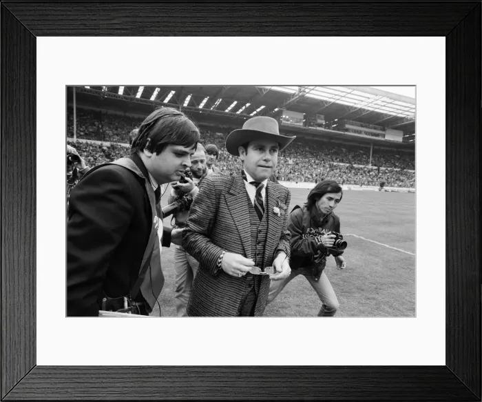 Framed Print : 1984 FA Cup Final at Wembley Stadium. Watford chairman Elton John pictured before kick Framed Print : 1984 FA Cup Final at Wembley Stadium. Watford chairman Elton John pictured before kick