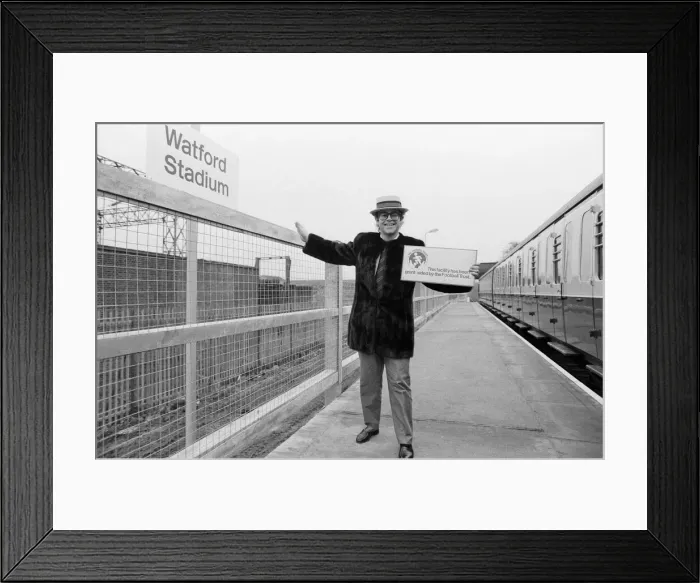 Framed Print : Pop star and Watford FC Chairman, Elton John, opens the new Watford Stadium Halt railway Framed Print : Pop star and Watford FC Chairman, Elton John, opens the new Watford Stadium Halt railway