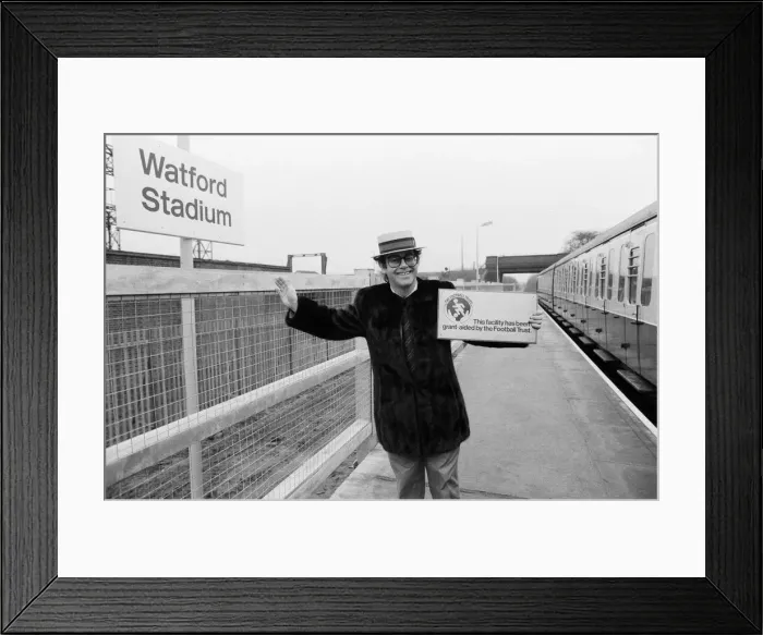 Framed Print : Pop star and Watford FC Chairman, Elton John, opens the new Watford Stadium Halt railway Framed Print : Pop star and Watford FC Chairman, Elton John, opens the new Watford Stadium Halt railway