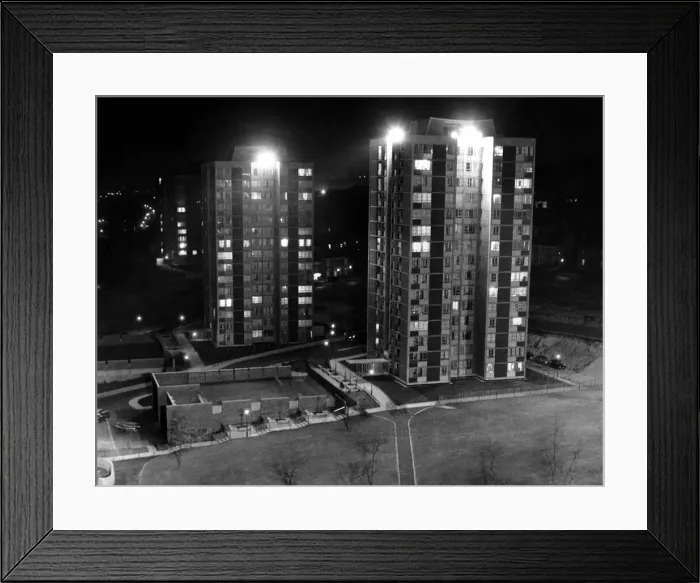 Framed Print : A new system of floodlighting at the high rise flats at Cruddas Park Housing Estate in Framed Print : A new system of floodlighting at the high rise flats at Cruddas Park Housing Estate in