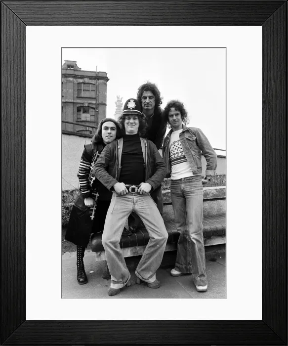 Framed Print : Glam rock group Slade posing for pictures in Birmingham City Centre. 25th March 1977 Framed Print : Glam rock group Slade posing for pictures in Birmingham City Centre. 25th March 1977