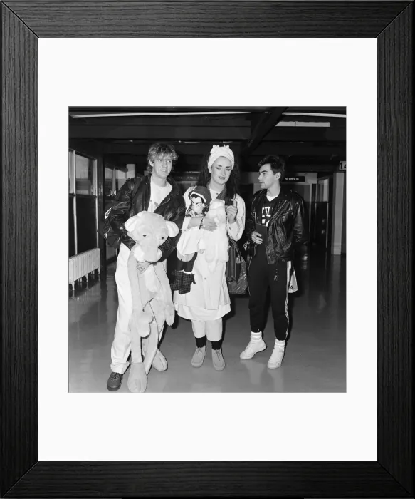 Framed Print : Pop group Culture Club arrive at Heathrow Airport from Madrid Framed Print : Pop group Culture Club arrive at Heathrow Airport from Madrid