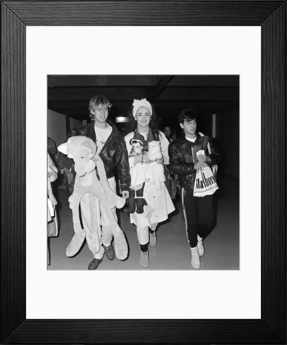 Framed Print : Pop group Culture Club arrive at Heathrow Airport from Madrid Framed Print : Pop group Culture Club arrive at Heathrow Airport from Madrid