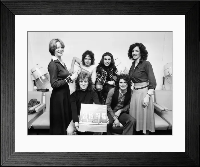 Framed Print : Slade in West Bromwich, with a copy of their new album Framed Print : Slade in West Bromwich, with a copy of their new album