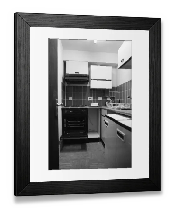 Framed Print : General view of a kitchen in a flat. 29th October 1986