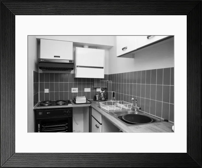 Framed Print : General view of a kitchen in a flat. 29th October 1986